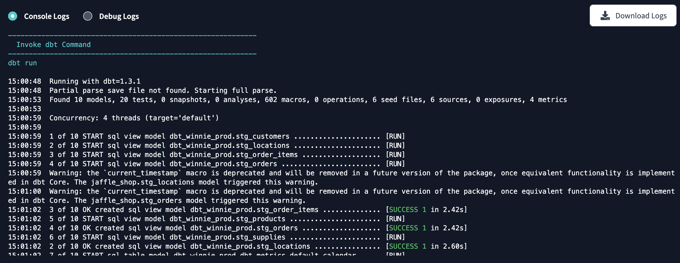 CLI output from a dbt build command